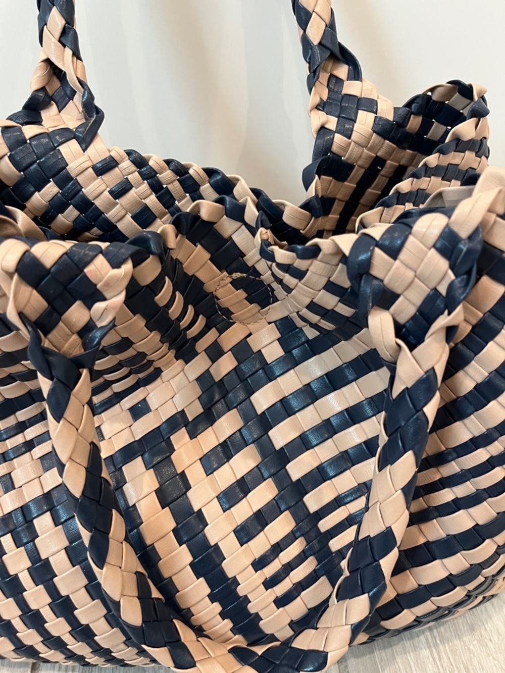 Woven Navy and Beige Tote with Beige Pouch-Magnetic Enclosure - Picture 5 of 7